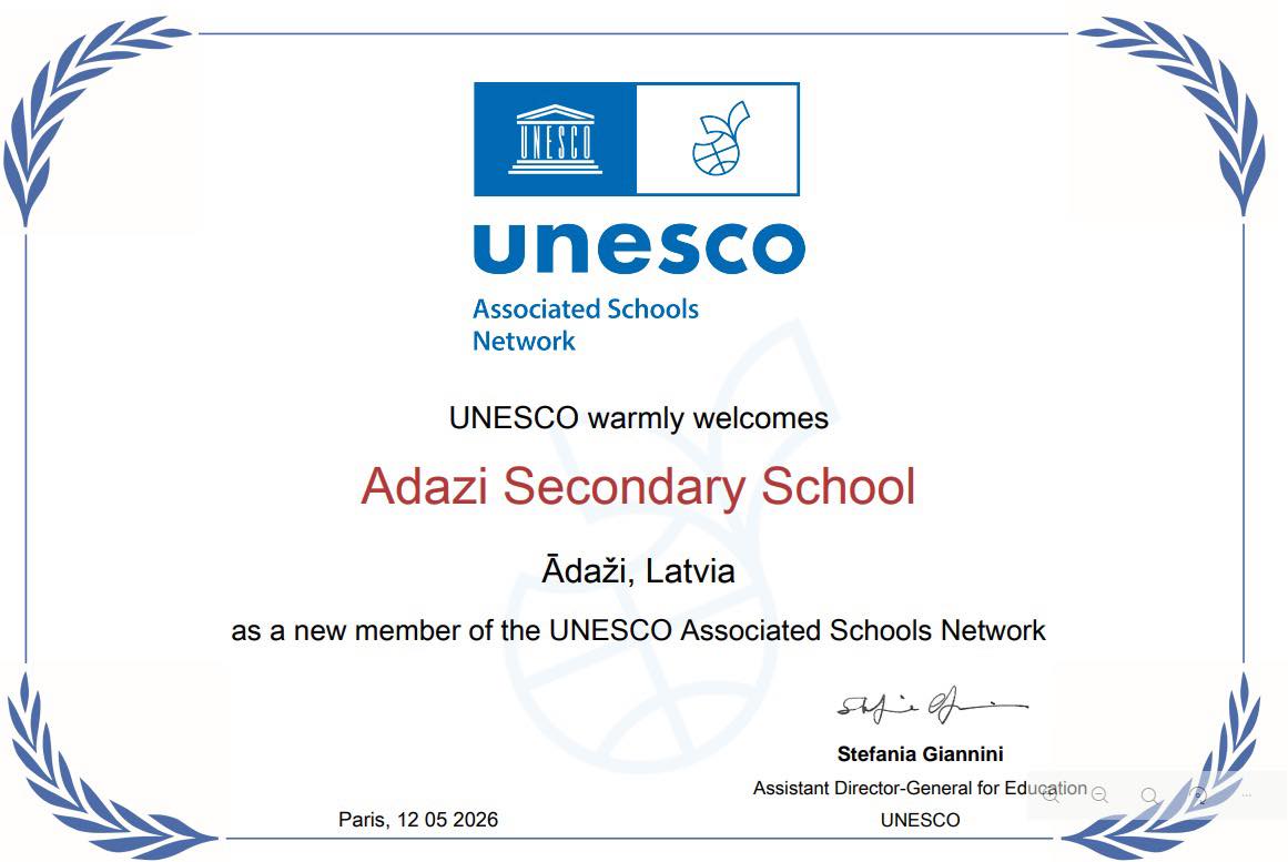 Ādažu vidusskola pievienojusies UNESCO Asociēto skolu tīklam